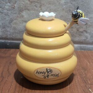 Honey Miel Beehive Honey Pot Daisy Lid Handle Bee Dipper